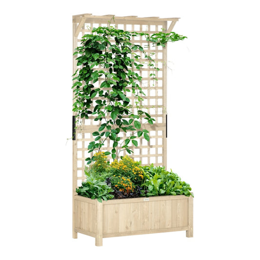 Outsunny Raised Bed with Drainage Holes, a wooden planter with a trellis covered in green plants