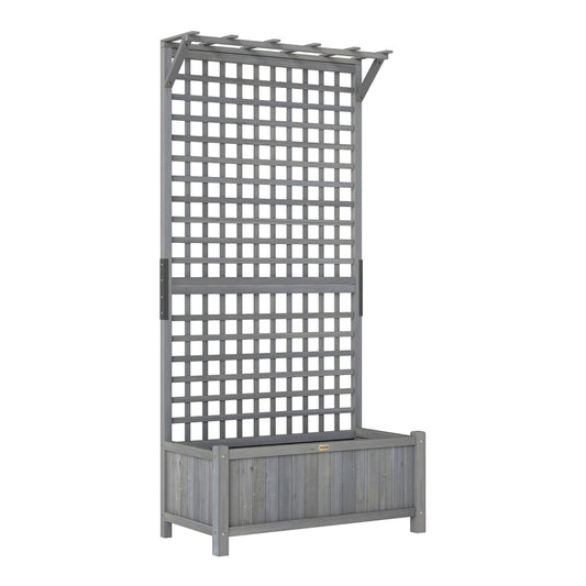 Outsunny Raised Bed with Drainage Holes, a dark grey wooden planter with a tall trellis attached