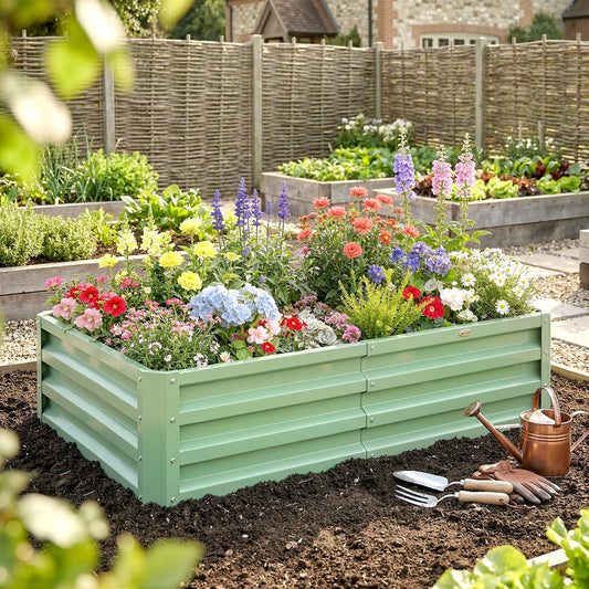 Galvanised raised garden bed filled with colourful flowers and plants, with gardening tools nearby