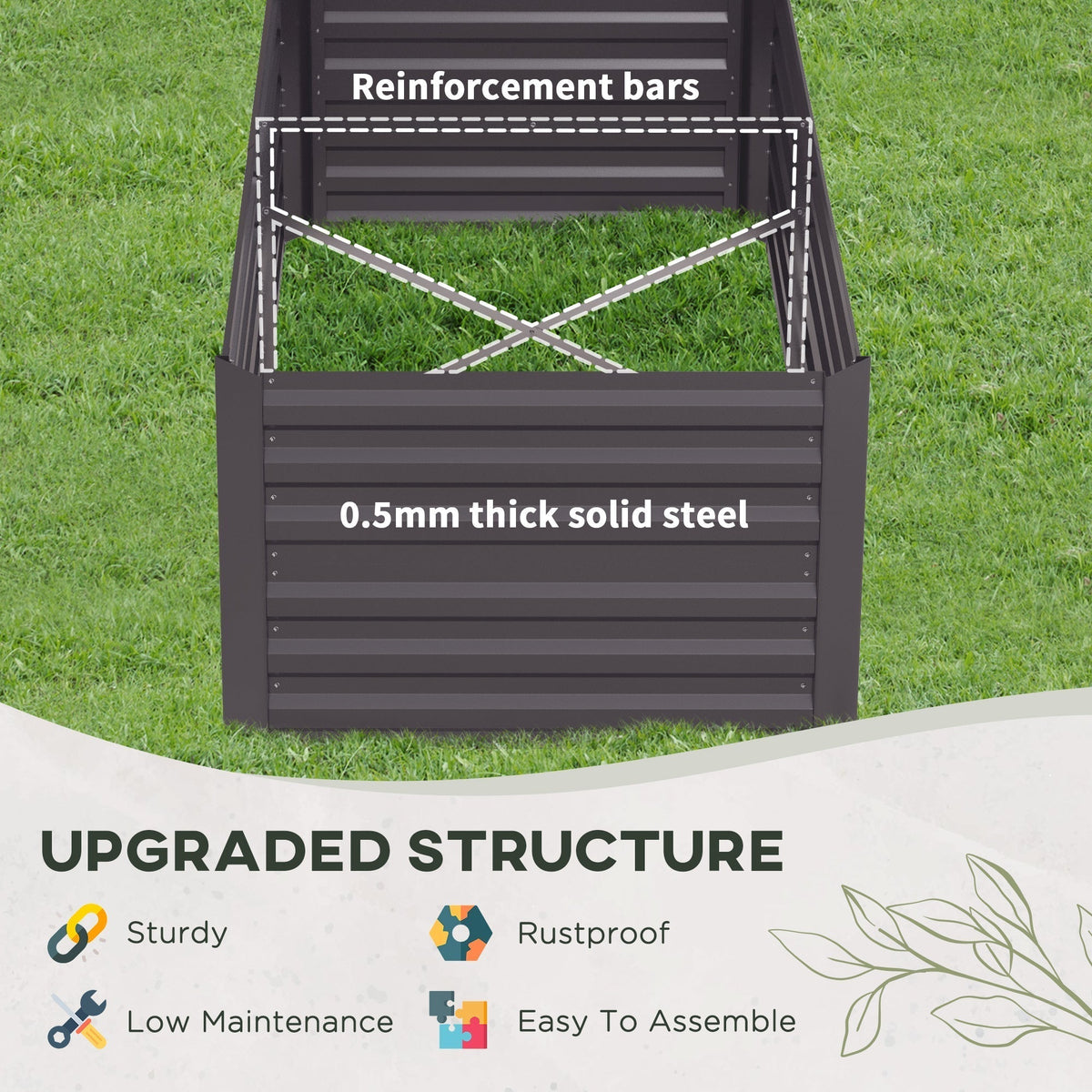 Reinforcement bars inside the dark grey galvanised raised garden bed for stability