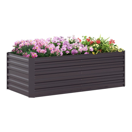 Outsunny Raised Beds, a dark grey galvanised steel planter filled with colourful flowers
