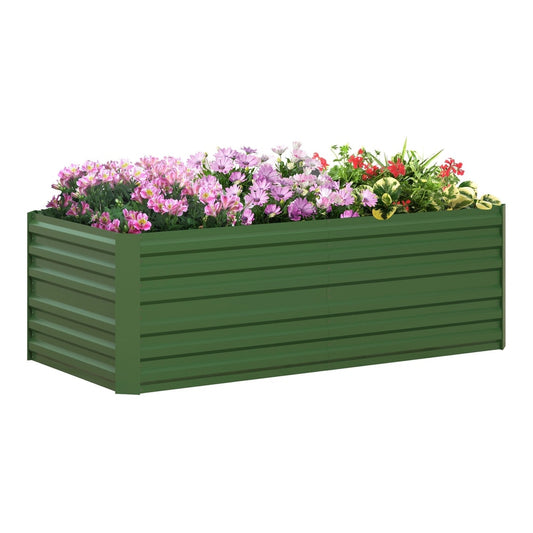 Outsunny Raised Beds, a green galvanised steel planter filled with flowers