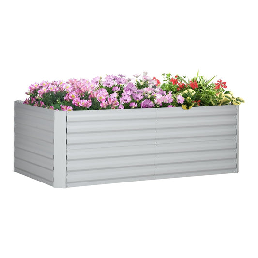 Outsunny Raised Beds, a light grey galvanised steel planter filled with pink and red flowers