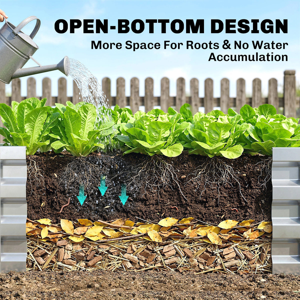 The metal planter showing an open bottom design with water draining through the soil layers