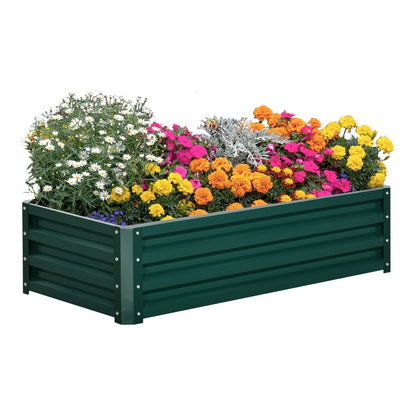 Outsunny Raised Beds a green galvanised metal planter filled with colourful flowers
