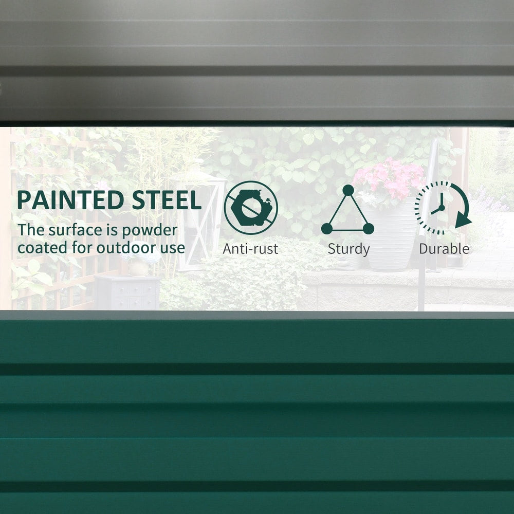 The green galvanised raised garden bed features a powder coated steel surface