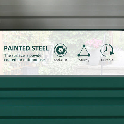 The green galvanised raised garden bed features a powder coated steel surface