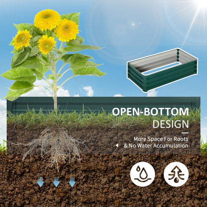 An open-bottomed green galvanised raised garden bed allows for root growth