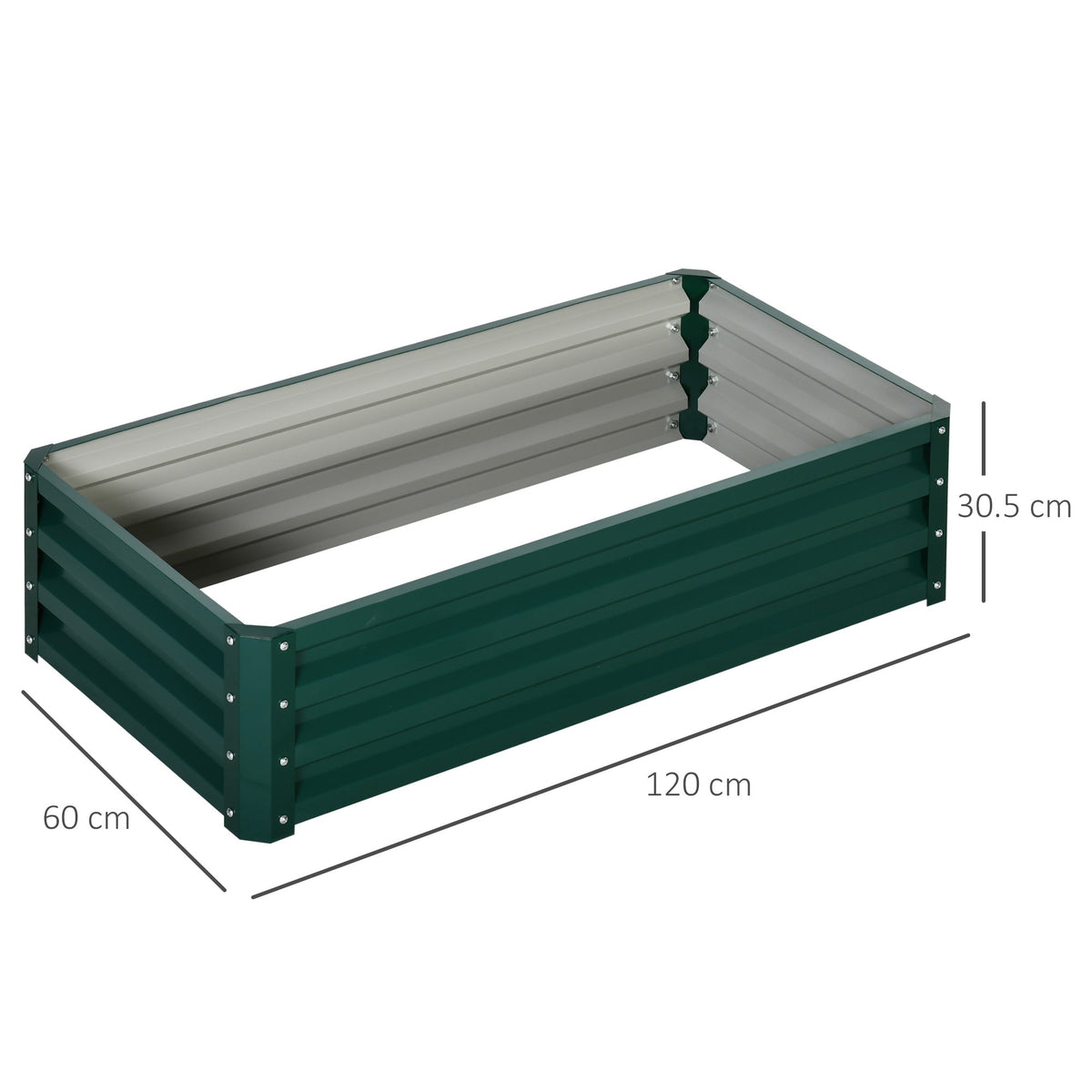 A green galvanised raised garden bed with dimensions shown