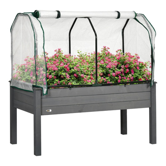 Outsunny Raised Garden Bed with a protective cover filled with vibrant pink flowering plants