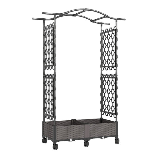 Outsunny Raised Garden Bed with Arch Trellis, a dark grey metal frame with a decorative arch and two brown woven planter