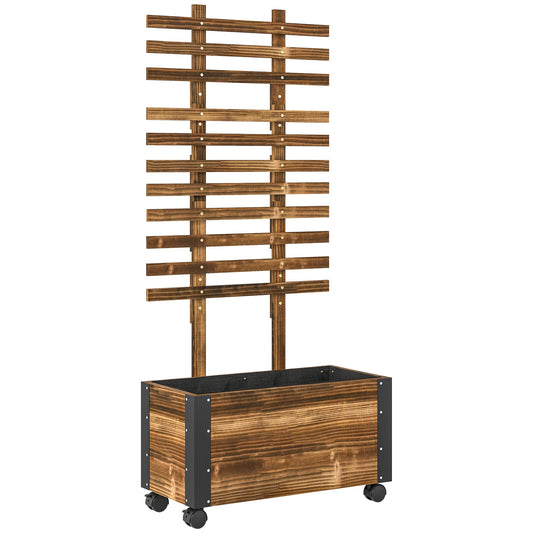 Outsunny Raised Garden Bed with Trellis, a wooden planter box with metal corners and a tall trellis on wheels