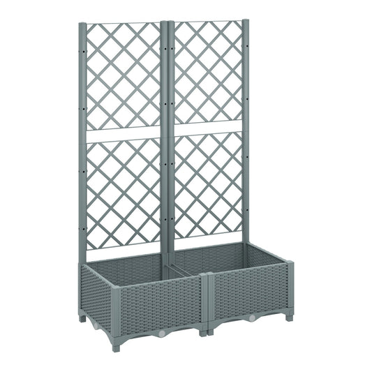 Outsunny Raised Garden Bed with Trellis, a grey plastic planter with two sections and a tall trellis back