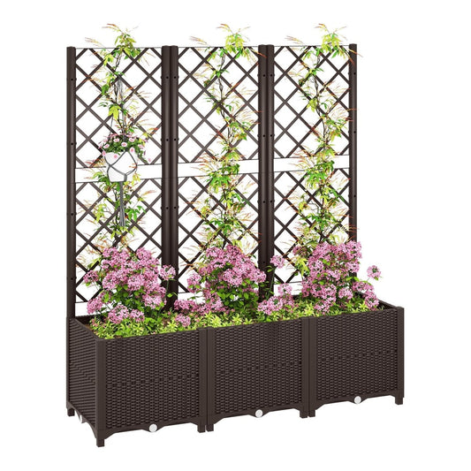 Outsunny Raised Garden Bed with Trellis, a brown plastic planter box with a lattice trellis behind, filled with plants