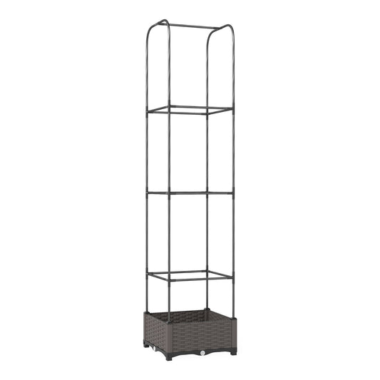 Outsunny Raised Garden Bed with Trellis, a tall dark grey metal frame with a brown plastic planter box at the base