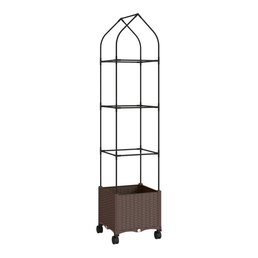 Outsunny Raised Garden Bed with Trellis, a brown planter box with a tall black metal trellis on top