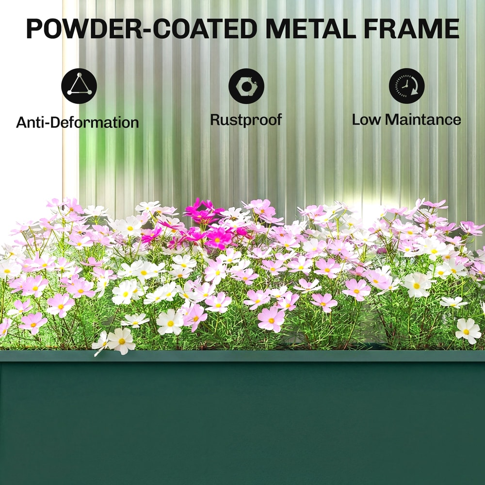 A green metal raised garden bed on legs with text about its powder-coated metal frame