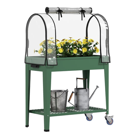 Outsunny Raised Planter with Greenhouse Cover, a green metal raised garden bed with a clear roll-up cover and wheels