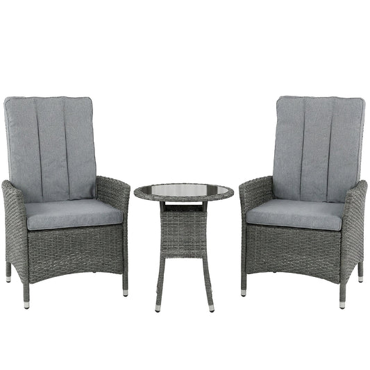 Outsunny Rattan Bistro Set with two grey chairs and a round glass topped coffee table