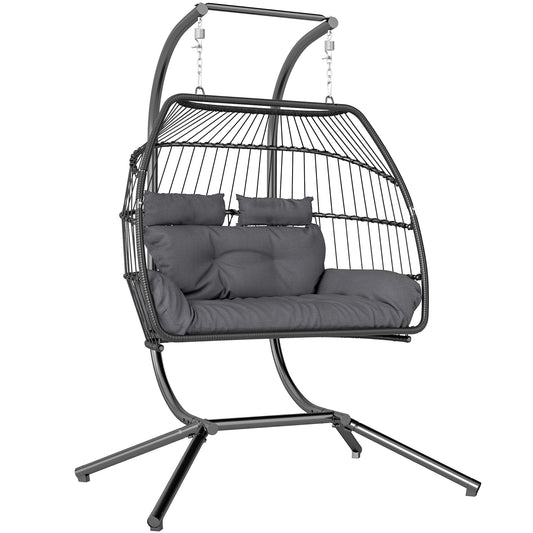 Outsunny Rattan Double Hanging Egg Chair with Stand, a dark grey wicker egg chair with a metal stand and grey cushions