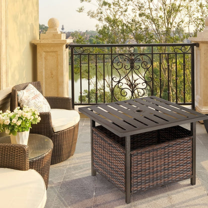 The rattan garden coffee table placed on a patio next to outdoor seating
