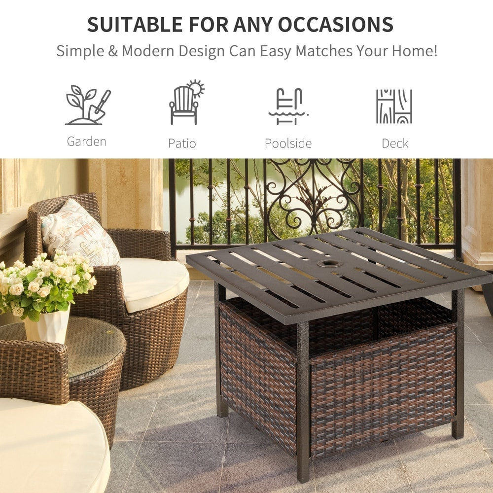 The brown rattan garden coffee table shown in different outdoor settings