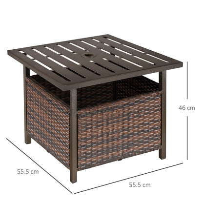 The square rattan garden coffee table with dimensions shown