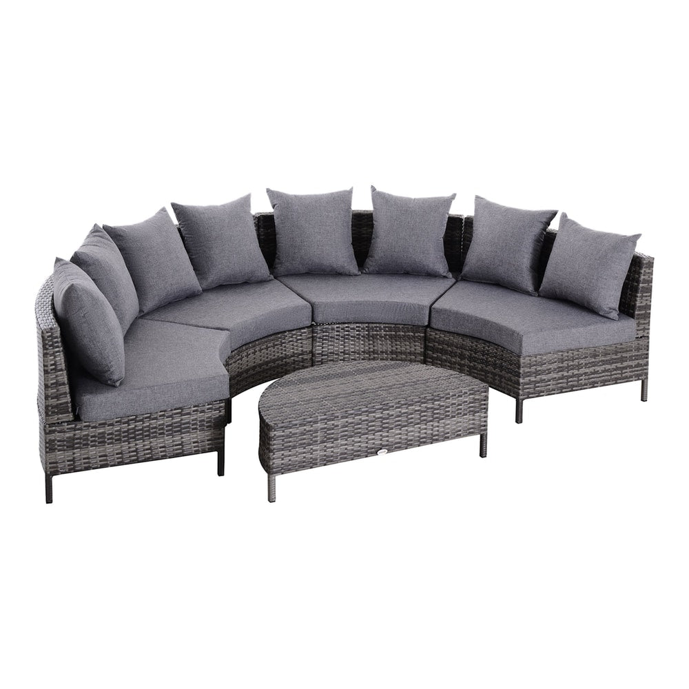 Outsunny 5 Pieces Rattan Garden Furniture Set, grey half-round sofa with coffee table and cushions