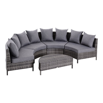 Outsunny 5 Pieces Rattan Garden Furniture Set, grey half-round sofa with coffee table and cushions