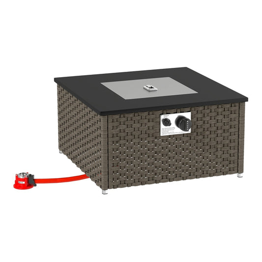 Outsunny Rattan Gas Fire Pit Table, a grey square outdoor coffee table with a woven rattan effect and a black top