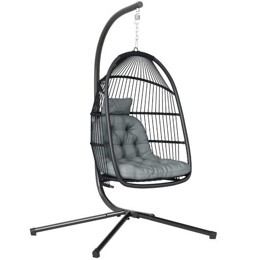 Outsunny Rattan Hanging Egg Chair with Stand, a dark grey egg-shaped swing chair with a stand and cushion