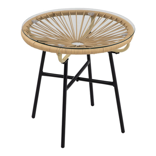 Outsunny Rattan Side Table with a round glass top and beige woven frame on black metal legs