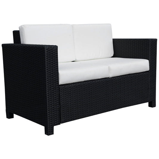 Outsunny Rattan Sofa, a black two-seater garden loveseat with white cushions