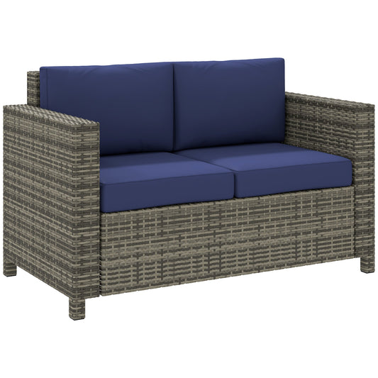 Outsunny Rattan Sofa with navy blue seat and back cushions on a plain white background