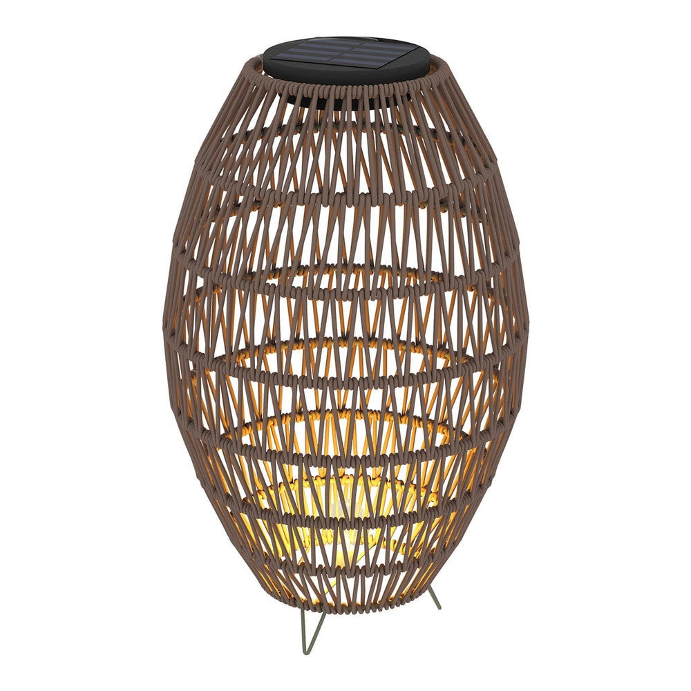 Outsunny Rattan Solar Lamp, a woven dark brown lantern with a solar panel on top and a warm light inside