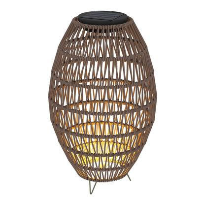 Outsunny Rattan Solar Lamp, a woven dark brown lantern with a solar panel on top and a warm light inside