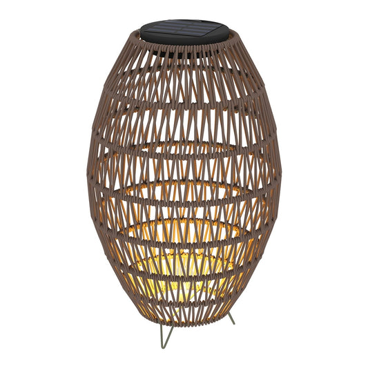 Outsunny Rattan Solar Lamp, a woven dark brown lantern with a solar panel on top and a warm light inside