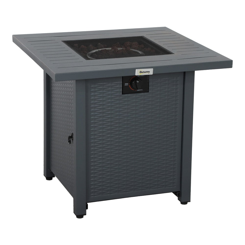 Outsunny Rattan-style Propane Gas Fire Pit Table with grey rattan effect sides and a metal top