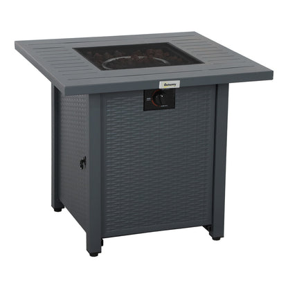 Outsunny Rattan-style Propane Gas Fire Pit Table with grey rattan effect sides and a metal top