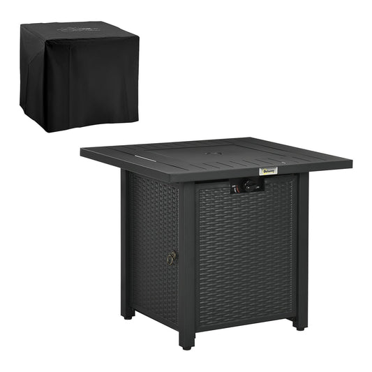 Outsunny Rattan-style Propane Gas Fire Pit Table with a waterproof cover placed on top