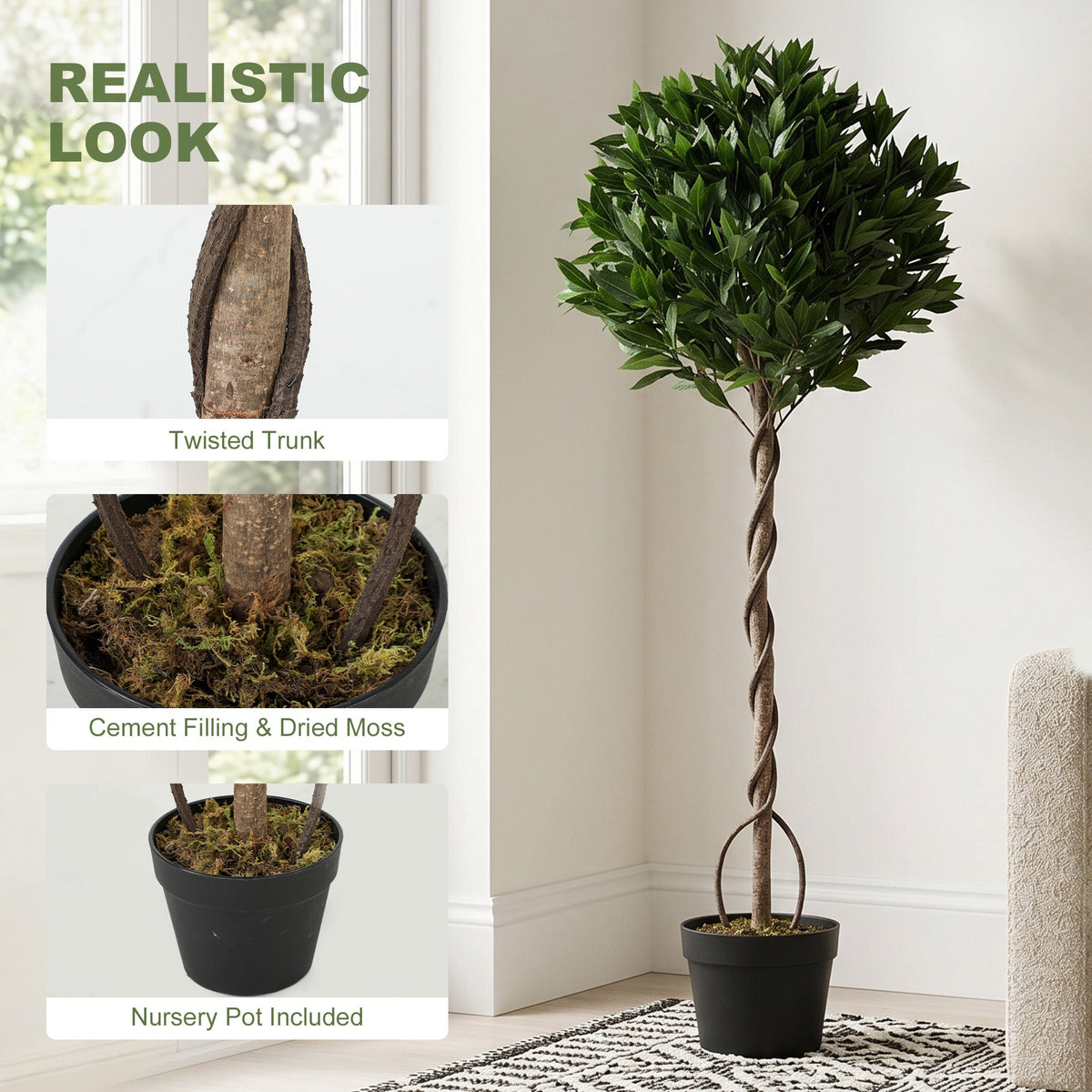 Close up of the artificial bay laurel tree trunk and pot, showing realistic texture