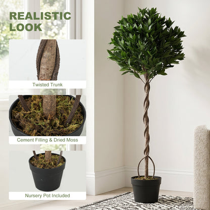 Close up of the artificial bay laurel tree trunk and pot, showing realistic texture
