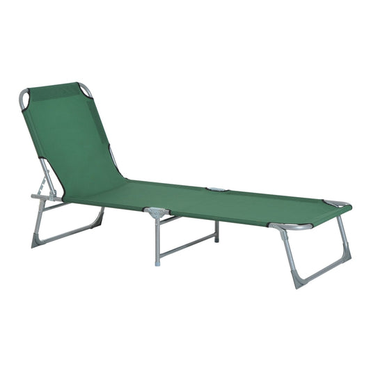 Outsunny Reclining Sun Lounger Chair in green, a folding camping bed with a metal frame