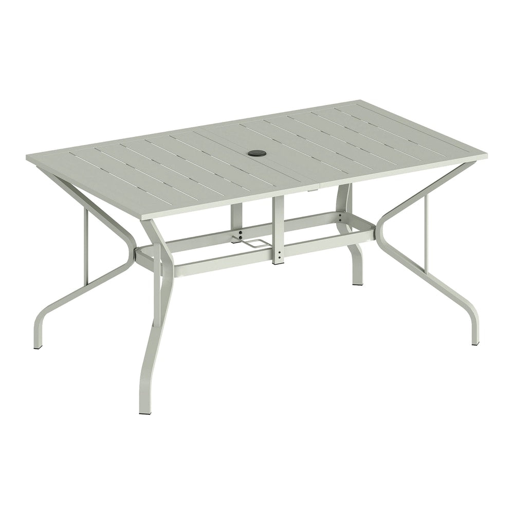 Outsunny Rectangle Garden Table with Parasol Hole, a light grey metal outdoor dining table with slatted top and angled legs