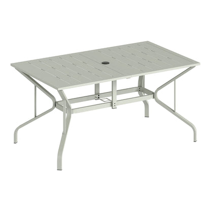 Outsunny Rectangle Garden Table with Parasol Hole, a light grey metal outdoor dining table with slatted top and angled legs
