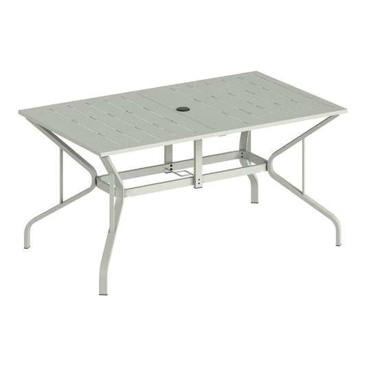 Outsunny Rectangle Garden Table with Parasol Hole, a light grey metal outdoor dining table with slatted top and angled legs