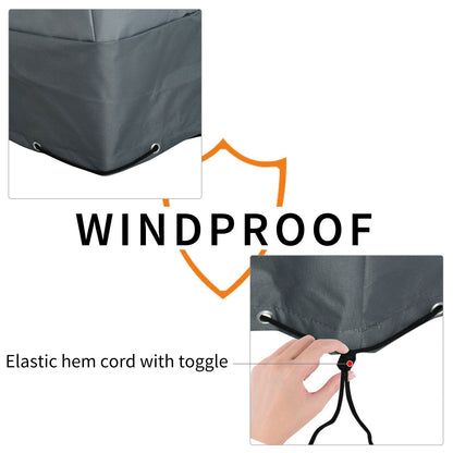 Close up of the patio furniture cover showing elastic hem cord with toggle