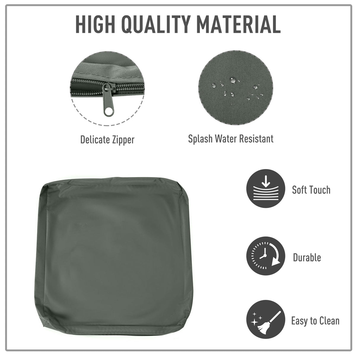 Close up of a deep grey cushion cover showing a zipper and detailing its features