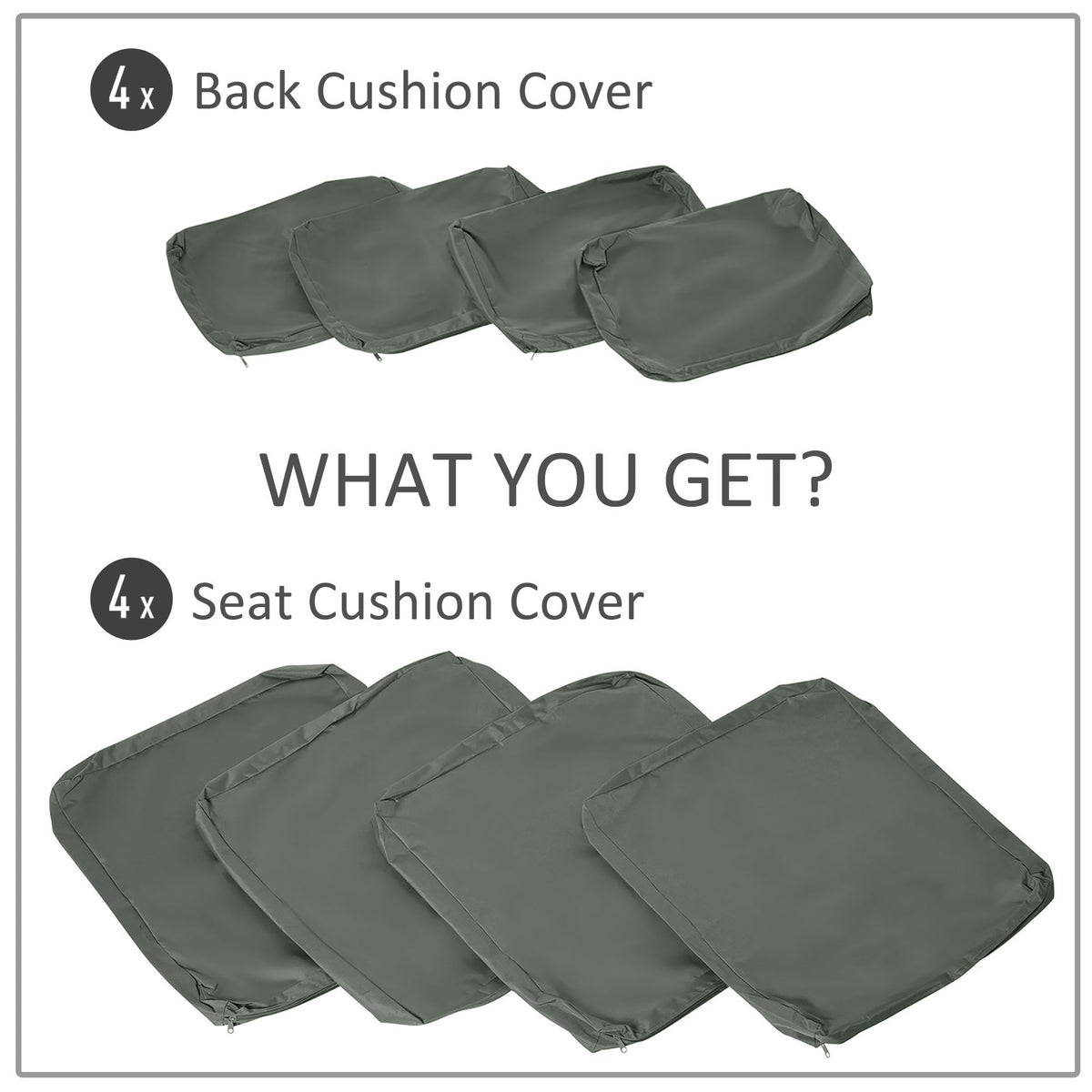 Four back cushion covers and four seat cushion covers laid out, labelled 'What you get