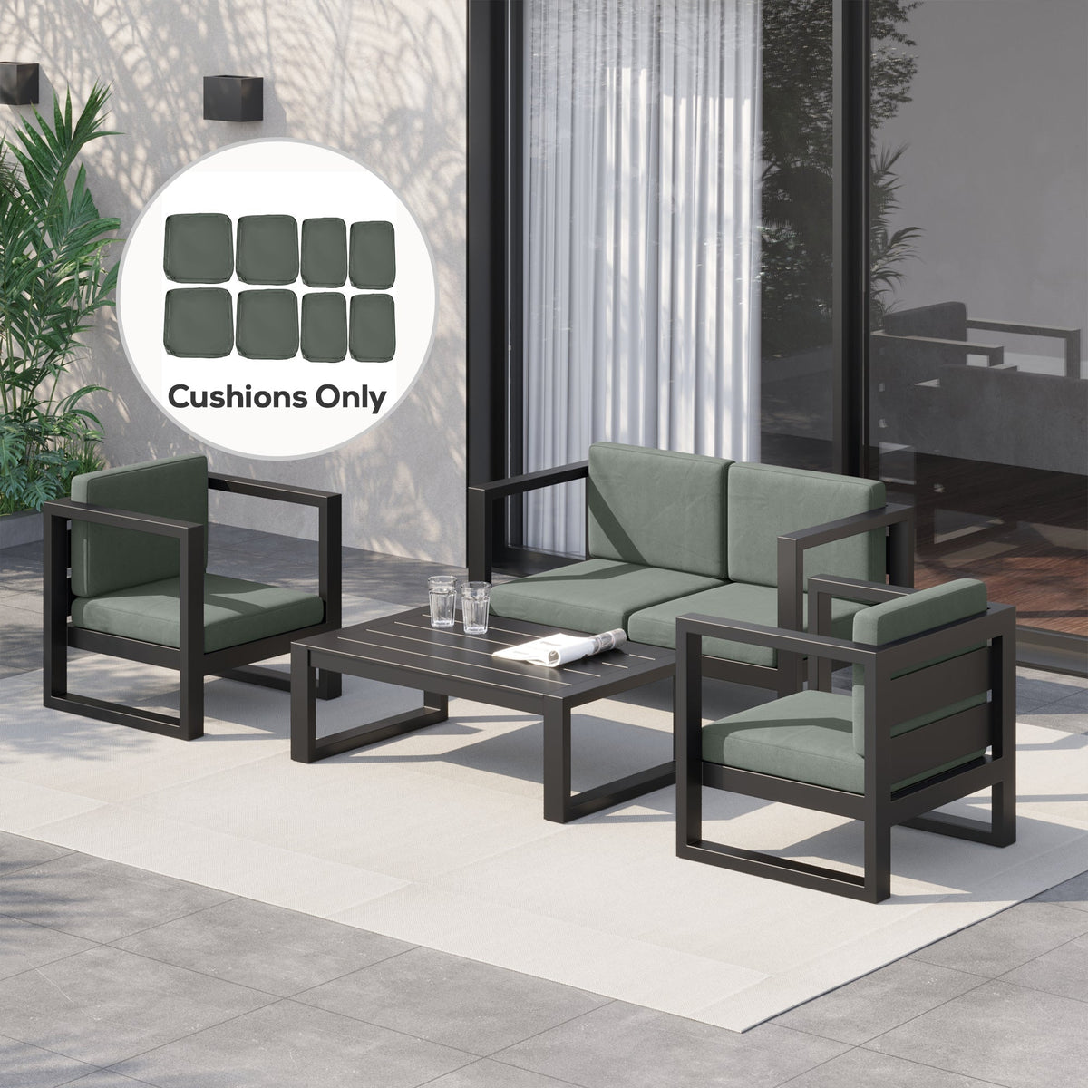 Deep grey outdoor seat covers shown on a rattan furniture set on a patio